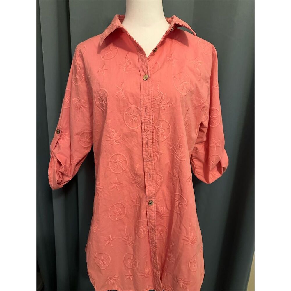 Cottonseed Women's Coral Pink Floral Tunic Standard L 3/4 Sleeve Button-Up Top